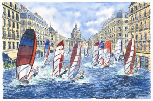 DAN JOCOBSON LES VOILES DE LA RUE SOUFFLOT AQUARELLE 38x58 c