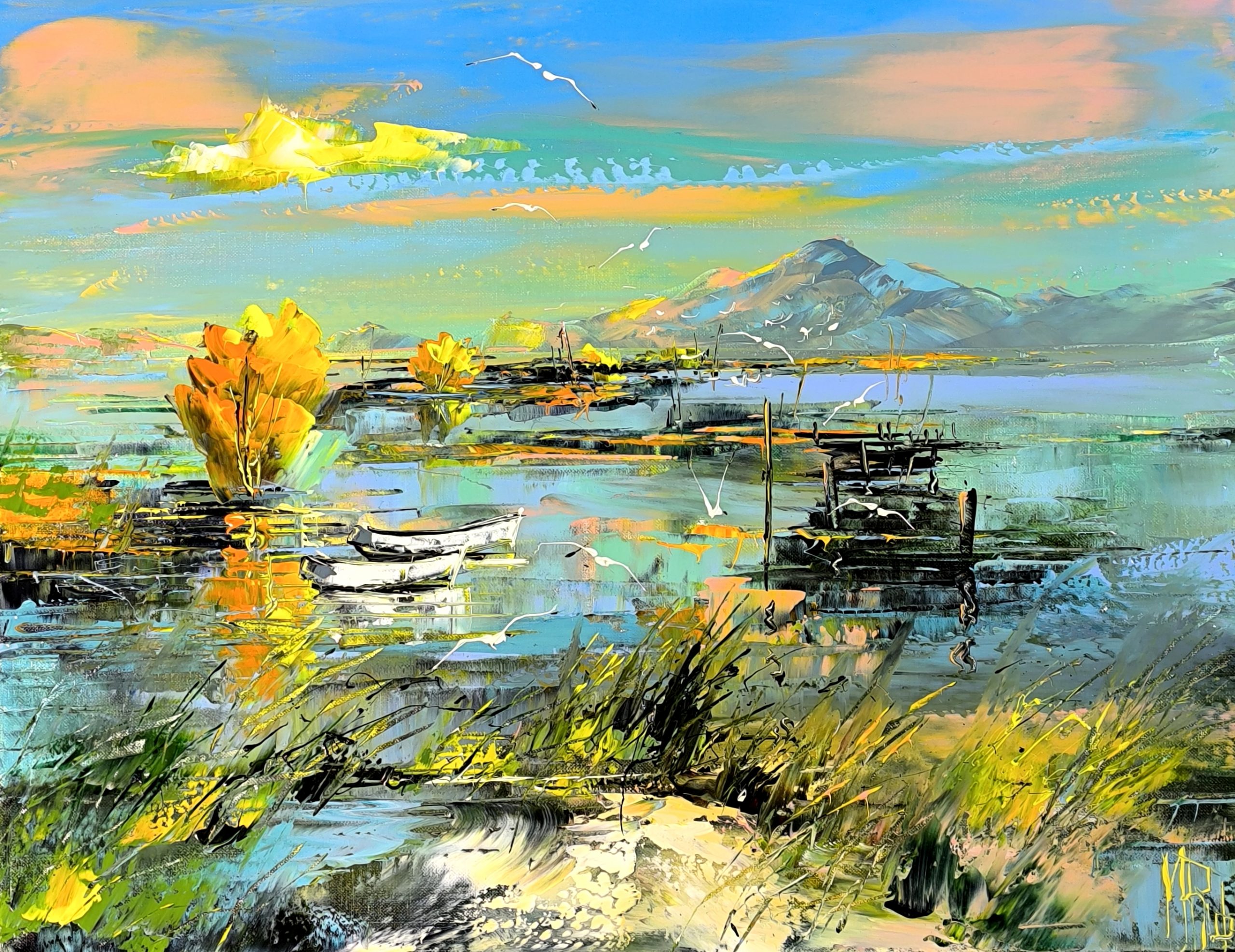 Ciel rosée sur le lac (65 x 50 cm)